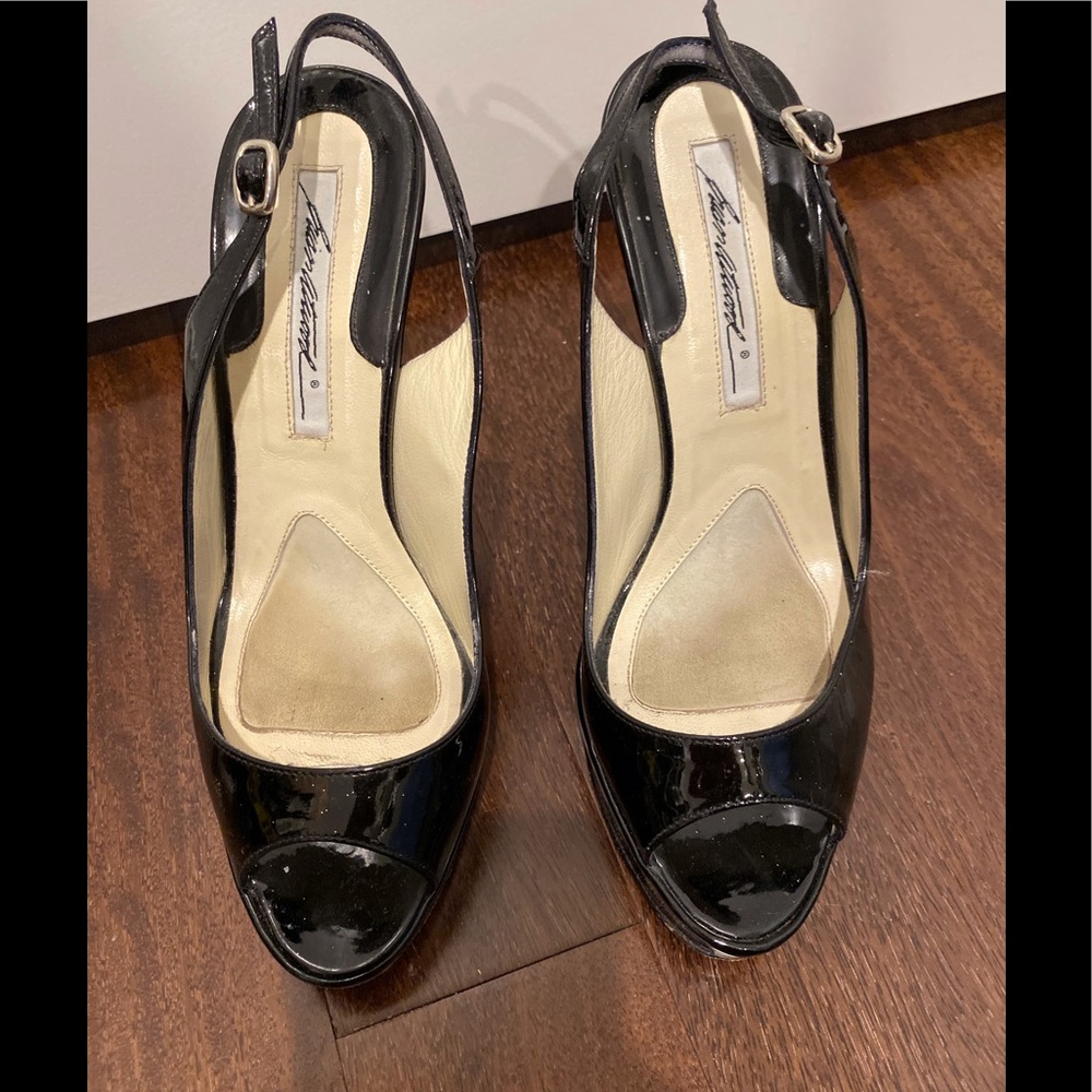 Brian Atwood Black Patent  Sling Back Peek A Boo Toe Size 6 1/2